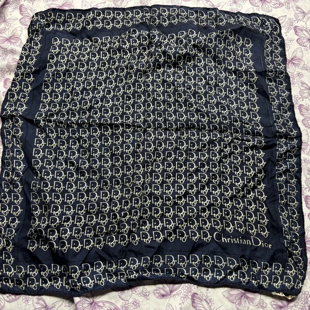 🌀💥Vintage Dior Navy Monogramed Silk Square Scarf
